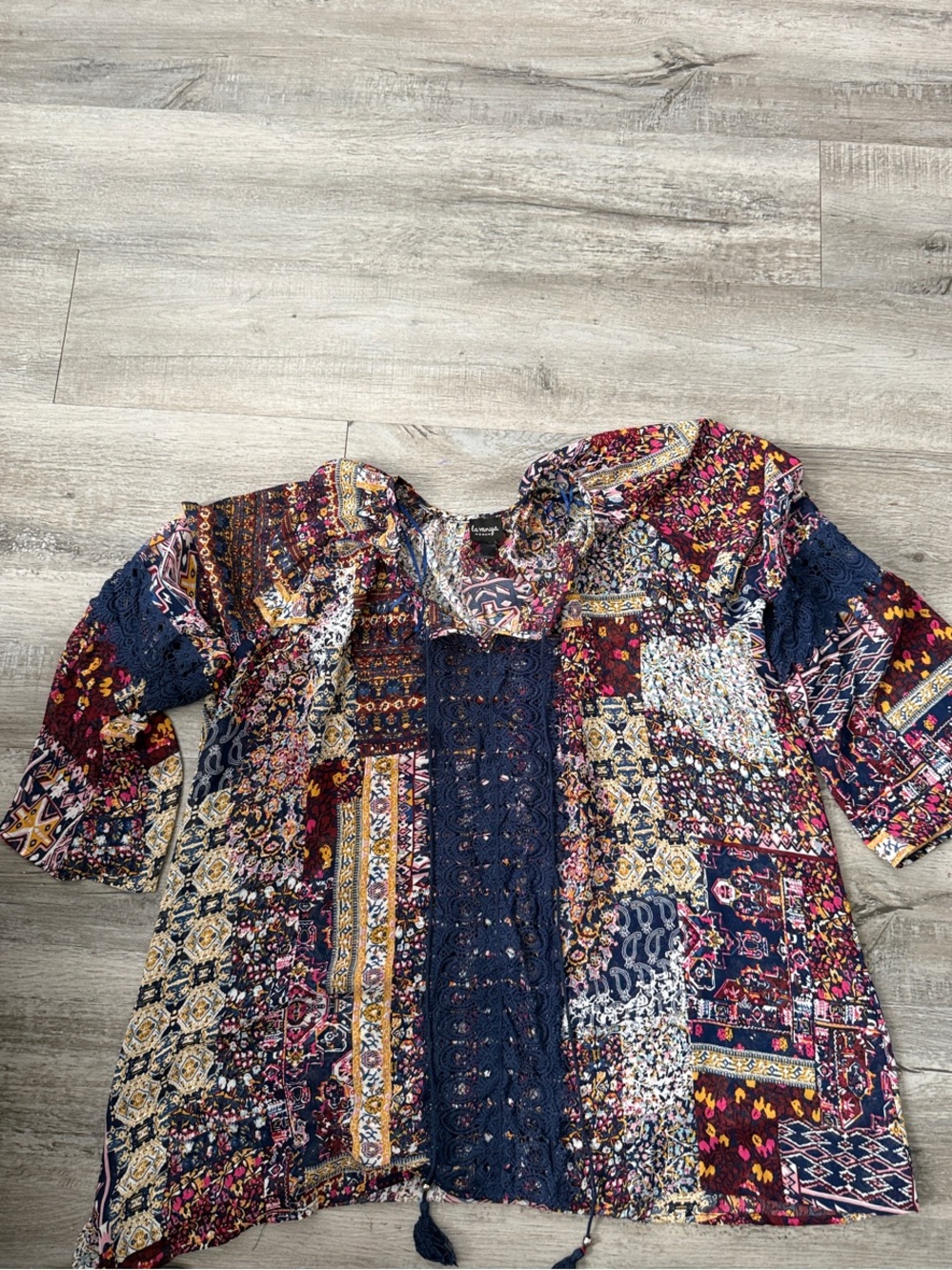 Mixed-Print Navy and Burgundy Boho Tunic Top